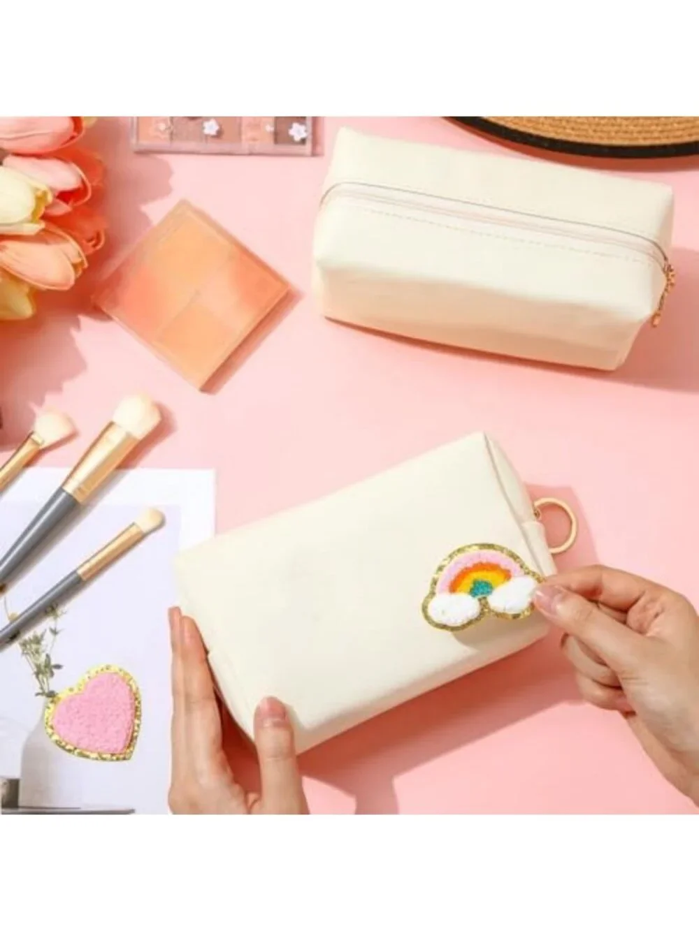 24 Pcs Preppy PU Leather Makeup Bags Set - Stylish Cosmetic Organizers in Beige